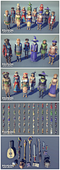 游戏美术素材 Unity3d像素化幻想低多边形风格人形生物角色武器3D模型 CG设定 原画参考