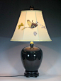 中式灯具 黑釉小冬瓜罐真丝手绘陶瓷台灯