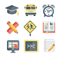 9款校园图标设计矢量素材，素材格式：AI，素材关键词：图标,黑板,博士帽,校园,闹钟