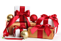 绑着红蝴蝶结的圣诞礼品盒和圣诞彩球高清设计背景图片素材