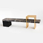 Found Long Bench in Grey Marble, Steel "Gold Leaf" and Dyed Solid White Oak