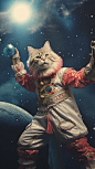 dancing cat, clown outfit, on the moon, 70s sci-fi book covere style