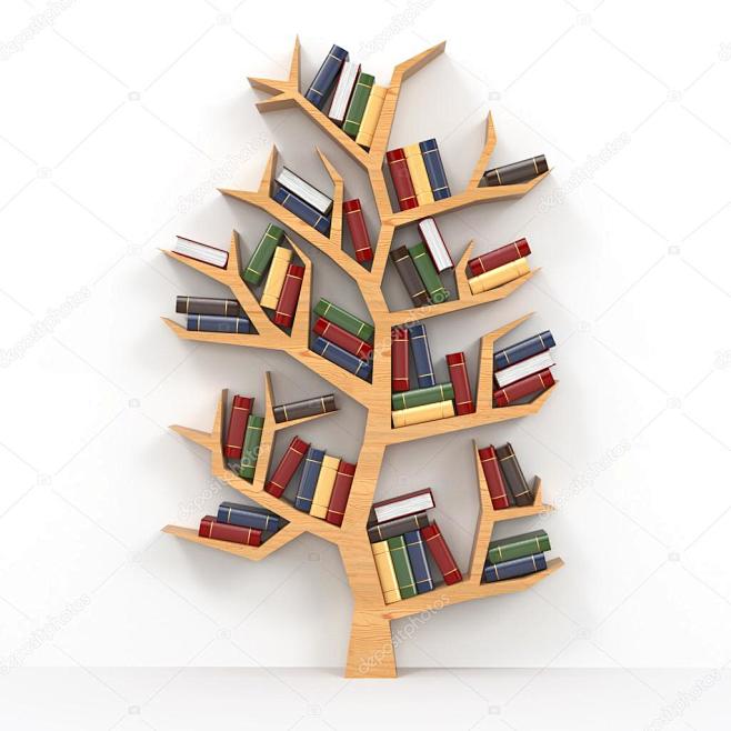 树的知识。在白色背景上的书架。3d