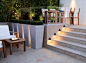 contemporary planters with square clipped box and lighting set between - Stonemarket: Garden range: Natural Stone: Avant-Garde Paving