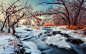 General 1400x875 nature landscape winter river snow trees shrubs sunset stream white brown motion blur water ice branch