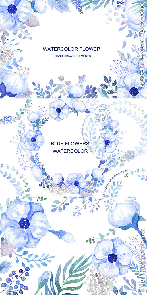 蓝色手绘水彩花环花朵