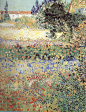 阿尔地方的花园。1888年7月 
这幅画可以说是梵高的又一色彩实验。梵高简化物体的构图，直接将油彩点绘在画布上，表现出花园五彩缤纷的景象。
