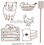 Illustration of a simple sketch of the farm animals and the harvested vegetables on a white background 