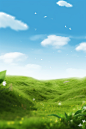 a blue sky above the green field, in the style of prerendered graphics, detailed foliage