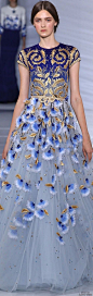 Georges Hobeika Couture Fall 2015 long dress in blue, gold, and white with flowers and leaves: 