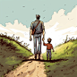 a man and a boy walking together, cartoon