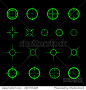 Collection of simple flat vector targets isolated on black background. Different crosshair icons. Aiming mark templates. Shooting gun bullet sign design.