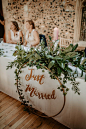 Top Table Flowers Greenery Foliage Hoop Just Married Sign Norwich Cathedral Wedding Camilla Andrea Photography #Centrepiece #Table #Candle #Greenery #wedding #toptable #foliage #hoop #hanging #suspended #justmarried