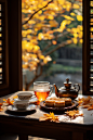秋天茶具品茗秋季文艺喝茶下午茶氛围摄影图
