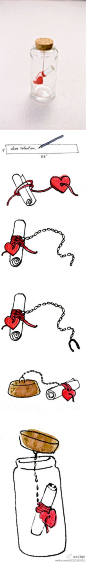 #手工课堂#【DIY瓶中信手工教程】这个小玩意儿很可爱，也很适合送给心爱的人。把你想写的话写在纸条上卷起来，用红绳把信和爱心绑在一起，红绳的一头和金属链相连接。把铁丝用钳子弯成U型穿过金属链插在软木塞上即可。http://t.cn/zYorL0d （更多手工教程，请关注@手工画报）