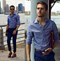 Adam Gallagher - Similar Here  > Shirt, Similar Here  > Manvelope, Trousers, Similar Here  > Oxfords - Tranquility 
★ 微信公共平台账号：男士风尚 ★