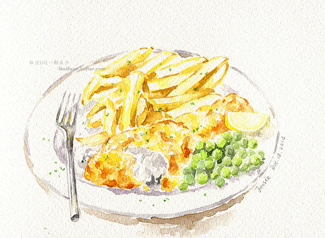 炸鱼和土豆条 #水彩# #插画# #美食...