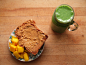 mango, whole wheat toast with peanut butter, green smoothie- banana, spinach, and soy milk