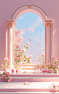 a pink room with some flowers and columns on it, in the style of realistic usage of light and color, bryce 3d, poetic pastoral scenes, fairycore, marble, cute and colorful, ornate simplicity