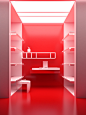 a large corner red / room with lighted shelves and a cabinet, in the style of rendered in cinema4d, surreal animation, abstract minimalism appreciator, orderly symmetry, light red and white, energy-filled illustrations, advertisement inspired