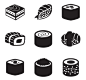 9款黑色日本寿司图标矢量素材，素材格式：AI，素材关键词：日本,寿司,刺身,日式料理,细卷寿司,军舰寿司,卷寿司
