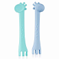 Baby Feeding Spoons and Fork Set Infant Training Giraffe Teether First Stage Soft Tip Silicone Feeding Spoons Toddler Flatware 2-Piece Set