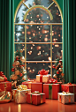 Christmas presents arranged in front of a red window, in the style of daz3d, gold and emerald, joong keun lee, retro visuals, , pictorial space, charles spencelayh