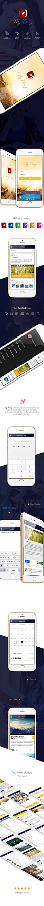 My Diary - Mobile UI Kit UI Graphic Assets : My Diary is an easy-to-use, free app that lets you save and store your own thoughts, memories, secrets, life events, notes or other confidential information and sync them via AppStore between all iOS devices yo