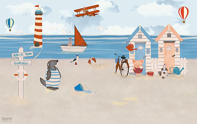 儿童 卡通 沙滩 海豹 房子 热气球 船...