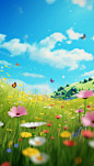 a 3d colorful summer scene with clouds and small butterflies scattered around, in the style of 8k 3d, poetic pastoral scenes