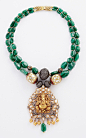 Amrapali yellow gold, Zambian emerald and diamond double-strand necklace with large yellow gold, pearl and diamond Ganesh pendant.