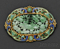 Arts & Crafts 18kt Gold, Jade, and Enamel Brooch, F.G. Hale, Boston, centering a carved and pierced jade tablet within a scrolling polychrome enamel frame, jade cabochons, and applied bead accents, lg. 2 1/4 in., reverse with signature plaque, and wit