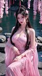  ((1girl)),(large breasts:1.3),jewelry,solo,hair ornament,necklace,chinese clothes,flower,black hair,hanfu,long hair,breasts,blurry,blurry background,the whole body,cleavage,red lips,looking at viewer,realistic,dress,hair stick,hair flower,branch,Pink wil