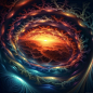 A painting of heaven, clouds and mountains through a hole, in the style of time - lapse photography, mind - bending illusions, hyper - detailed illustrations, swirling vortexes, richly colored skies, dark cyan and gray, spectacular backdrops