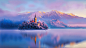 宗教 - 假设的玛丽教堂艺术冬季山云湖日出雾斯洛文尼亚壁纸
