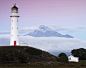 81. West Cape lighthouse, Pungarehu, Taranaki, 新西兰。灯塔背后的雪山，Mt. Taranaki。