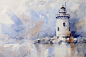 Doodlewash and watercolor painting by Edo Hannema of lighthouse with sailships