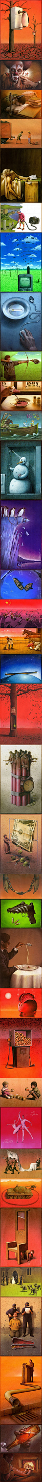 意味深长的现实主义插画
乍一看是滑稽，细一想是暗讽。波兰插画家Pawel Kuczynski出生于1976年2004年至今获得92项艺术奖项与荣誉。他的画风属于现代波兰超现实主义绘画，细腻而富有想象力，主题纵横于社会、环保等各个领域的现实问题。