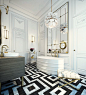 black and white geometric tile, freestanding tub, modern chandelier, brass fixtures: 