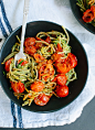 Pesto Squash Noodles and Spaghetti with Burst Cherry Tomatoes