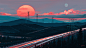 General 1920x1080 Aenami power lines road clouds trees forest hills Moon sunset