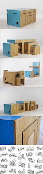 【万能家居ReStyle】来自设计师James Howlett的作品。它可以变成一组紧凑的咖啡桌；它可以变成两张桌子和两把椅子；它能变成一张桌子；一个座位和一个书架；它能变成孩子的餐桌；它能变成一个电视柜；它能用来存储物… ～～@热家居 整理