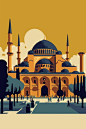 伊斯坦布尔老城圣索菲亚大教堂圆顶土耳其建筑插画矢量图设计素材