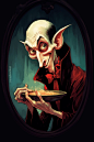 vampire eating garlic and looking into a mirror, cartoonish, comical, animated