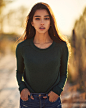 People 1638x2048 Bulinko Piotr women Maja Strojek brunette long hair straight hair makeup eyeliner looking at viewer open mouth blouse green clothing jeans denim hands in pockets sunset sunlight frontal view