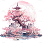 植物通用中国风中式粉色插画单棵樱花树元素素材