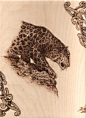 POWER LIES IN PATIENCE : Leopard in pyrography on birch plywood, 12'x16'