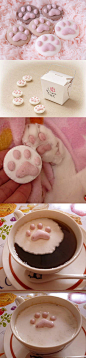 《猫肉球棉花糖》是由日本一间专门卖棉花糖的店家「やわはだ」所推出的，这个《猫肉球棉花糖》是不能直接吃的，是要泡在热呼呼的饮品里面的。猫了个咪, 好馋!!