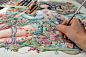 A Giant Bosch-Inspired Watercolor by Illustrator Marija Tiurina : Marija Tiurina's fantastical watercolor painting Eden is her biggest to date, measuring approximately 30 x 10 inches. The scene captures a woman kneeling amongst the inhabitants of a mythol