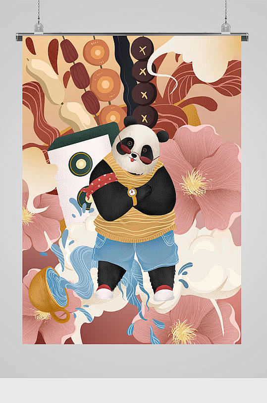 国潮卡通熊猫插画